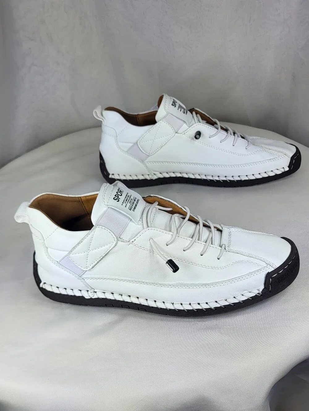 White Women’s Leather Slip On Sport Sneakers Black Sole Sz 8